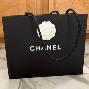 CHANEL Black Shopping Bag with White Camellia Detail